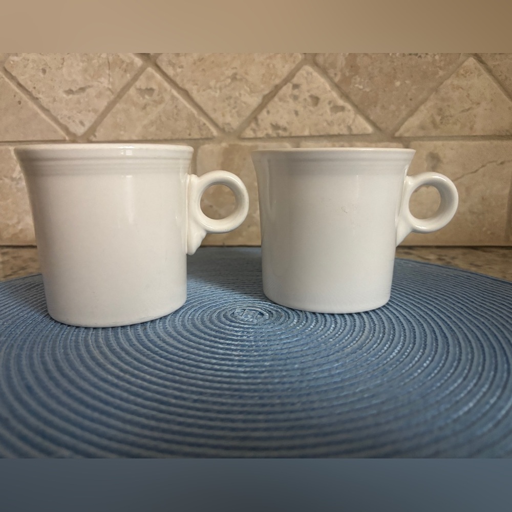 2 Vtg Homer Laughlin HLC FIESTA WARE USA White Coffee Mug Cup Embossed Mark Ring